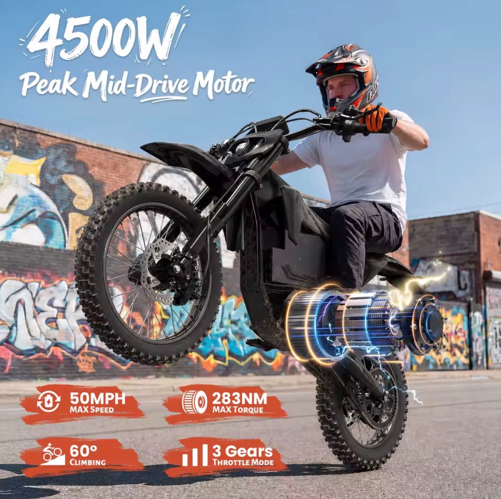 QRONGE X1 Off-Road Electric Motorcycle
Spark L, 4500W Maximum Power Electric Bike, 60V 28.8Ah, Up to 50MPH and 60 Miles of Autonomy, Full Suspension, Tires
17”/14” SUV, for Adults and Teenagers, 1 Year Warranty