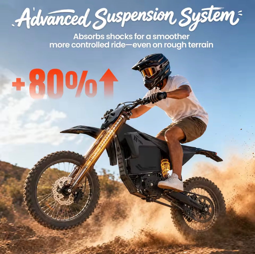 QRONGE X1 Off-Road Electric Motorcycle
Spark L, 4500W Maximum Power Electric Bike, 60V 28.8Ah, Up to 50MPH and 60 Miles of Autonomy, Full Suspension, Tires
17”/14” SUV, for Adults and Teenagers, 1 Year Warranty