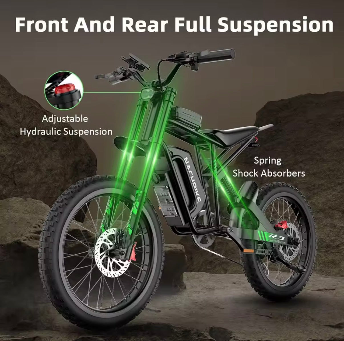 R3 45MPH Off-Road Electric Motorcycle, 6OV25Ah 1200Wh Battery, 600OW, Maximum Range of 50 Miles, 19 Inch Double Hydraulic Brakes