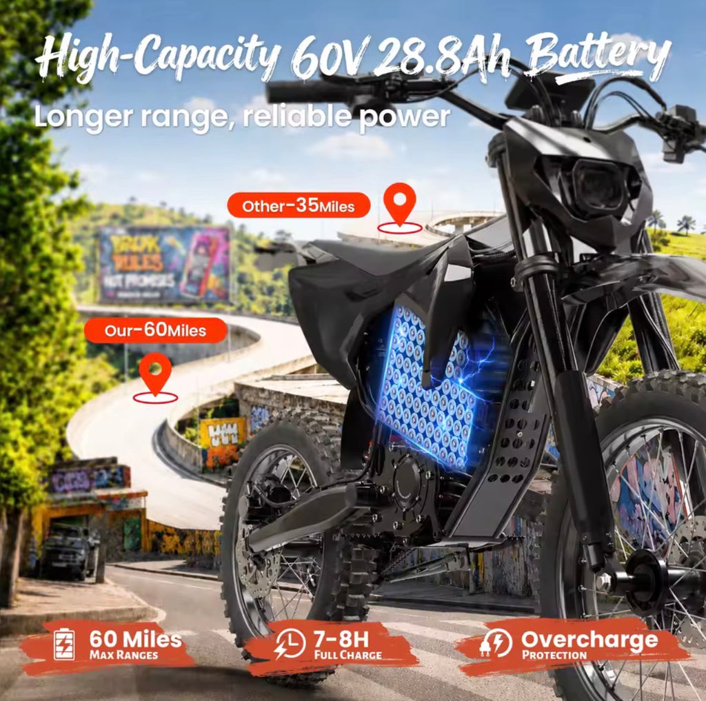 QRONGE X1 Off-Road Electric Motorcycle
Spark L, 4500W Maximum Power Electric Bike, 60V 28.8Ah, Up to 50MPH and 60 Miles of Autonomy, Full Suspension, Tires
17”/14” SUV, for Adults and Teenagers, 1 Year Warranty
