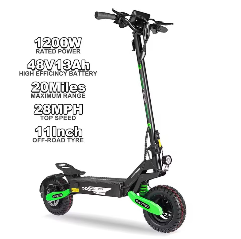 EOEOTWO Scooter Eléctrico Todoterreno de 1200W para adultos, 48V, Largo Alcance, 30MPH de Velocidad, Neumático Sin Cámara de 11 Pulgadas, Plegable