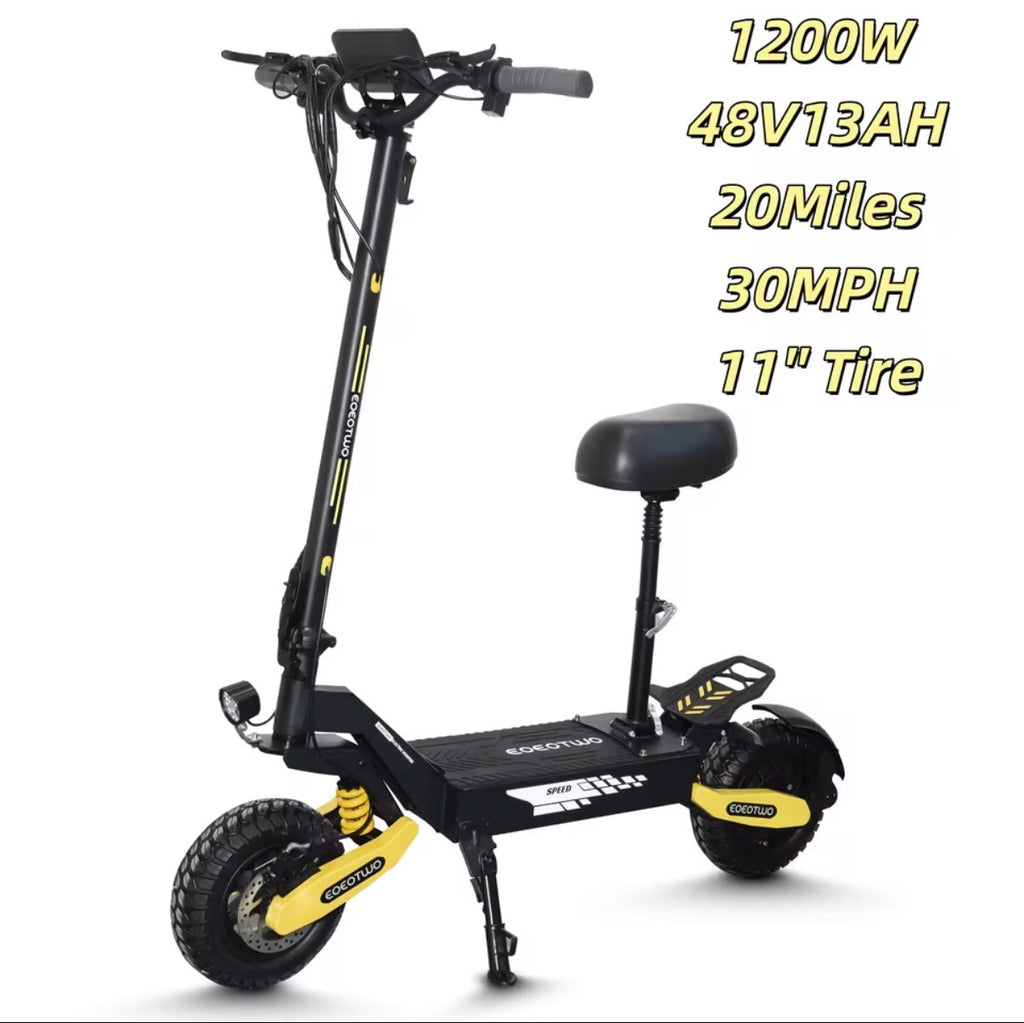 EOEOTWO Scooter Eléctrico Todoterreno de 1200W para adultos, 48V, Largo Alcance, 30MPH de Velocidad, Neumático Sin Cámara de 11 Pulgadas, Plegable