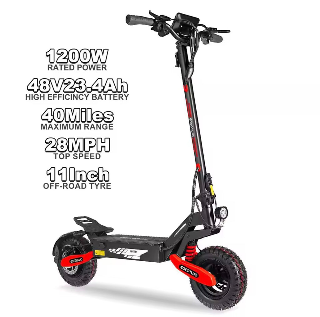 EOEOTWO Scooter Eléctrico Todoterreno de 1200W para adultos, 48V, Largo Alcance, 30MPH de Velocidad, Neumático Sin Cámara de 11 Pulgadas, Plegable
