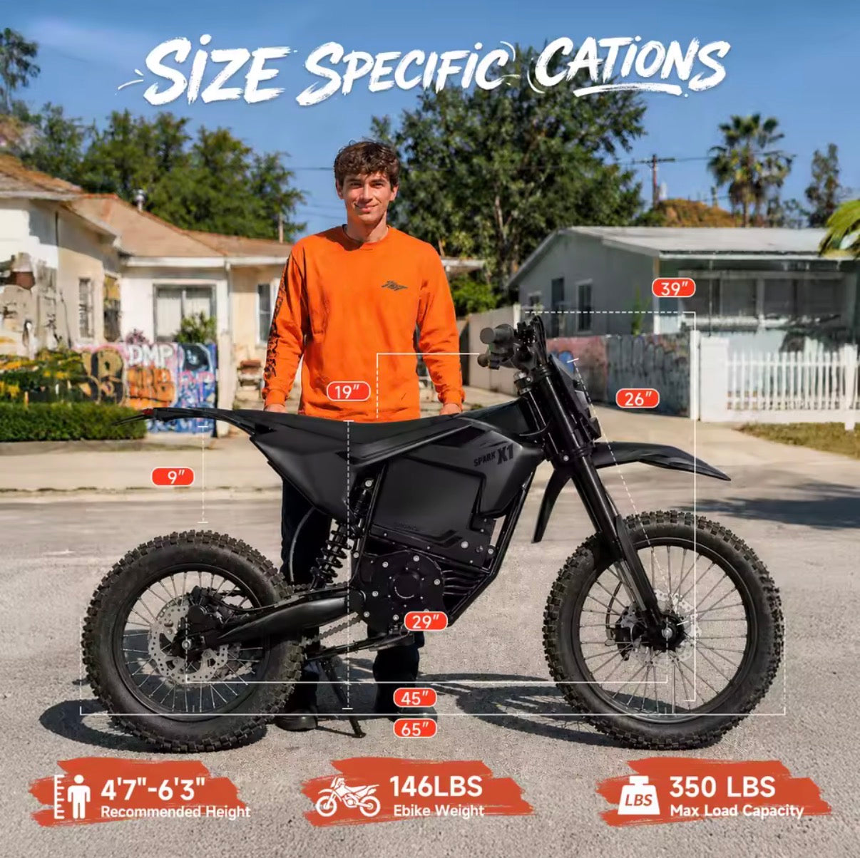 QRONGE X1 Off-Road Electric Motorcycle
Spark L, 4500W Maximum Power Electric Bike, 60V 28.8Ah, Up to 50MPH and 60 Miles of Autonomy, Full Suspension, Tires
17”/14” SUV, for Adults and Teenagers, 1 Year Warranty