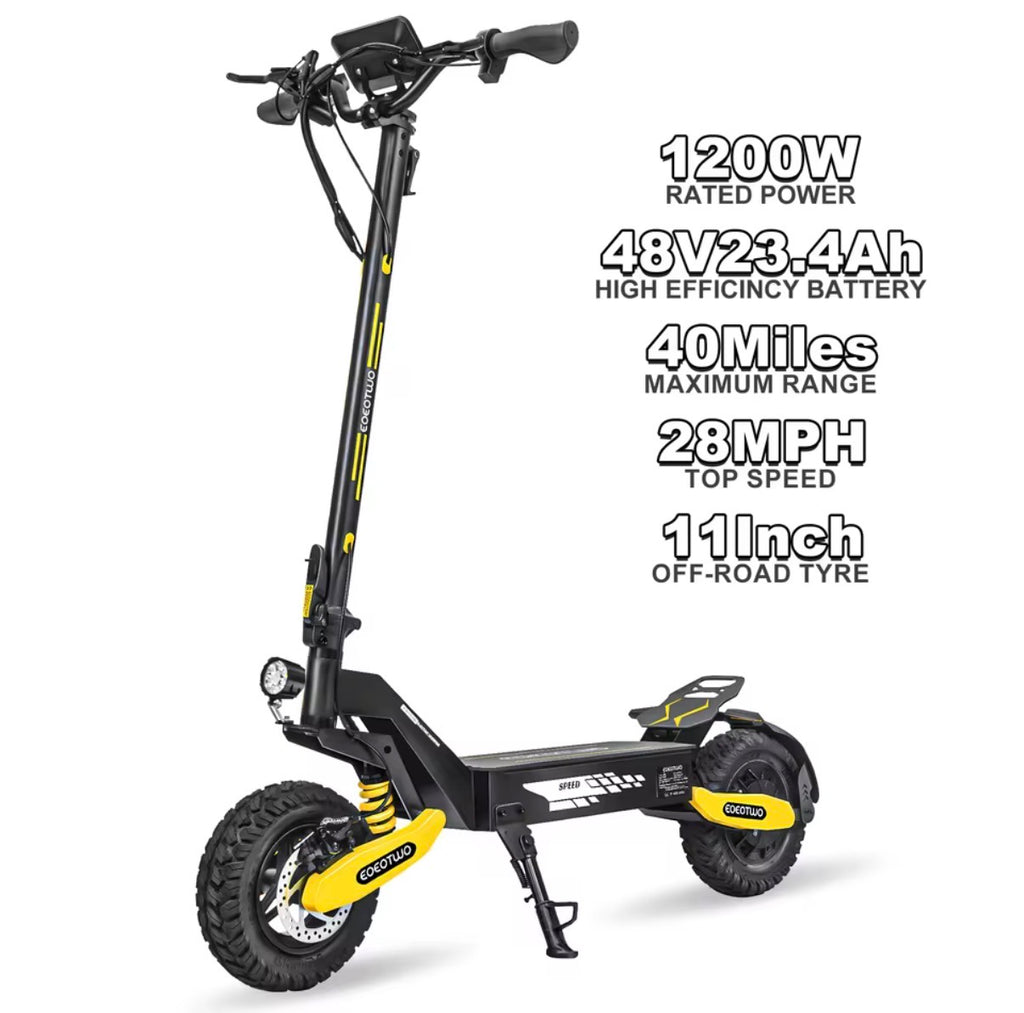 EOEOTWO Scooter Eléctrico Todoterreno de 1200W para adultos, 48V, Largo Alcance, 30MPH de Velocidad, Neumático Sin Cámara de 11 Pulgadas, Plegable