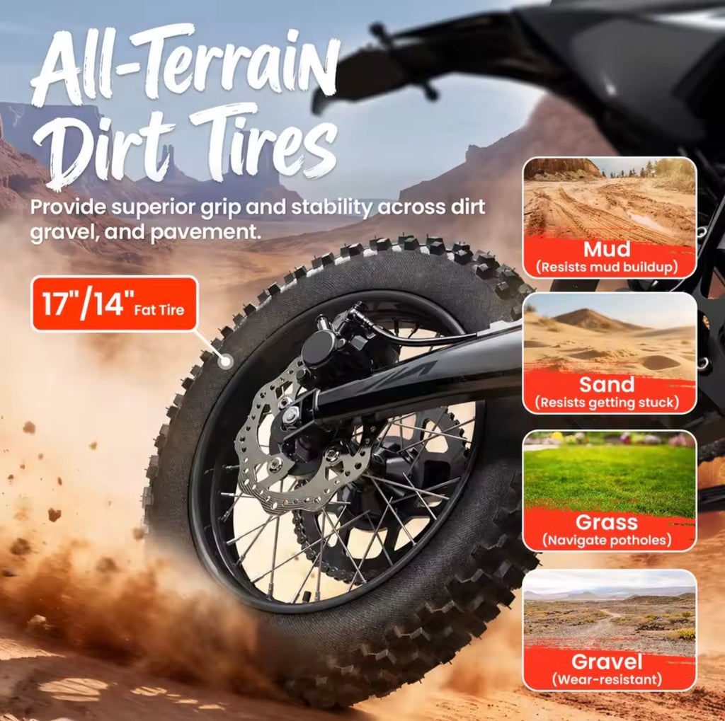 QRONGE X1 Off-Road Electric Motorcycle
Spark L, 4500W Maximum Power Electric Bike, 60V 28.8Ah, Up to 50MPH and 60 Miles of Autonomy, Full Suspension, Tires
17”/14” SUV, for Adults and Teenagers, 1 Year Warranty