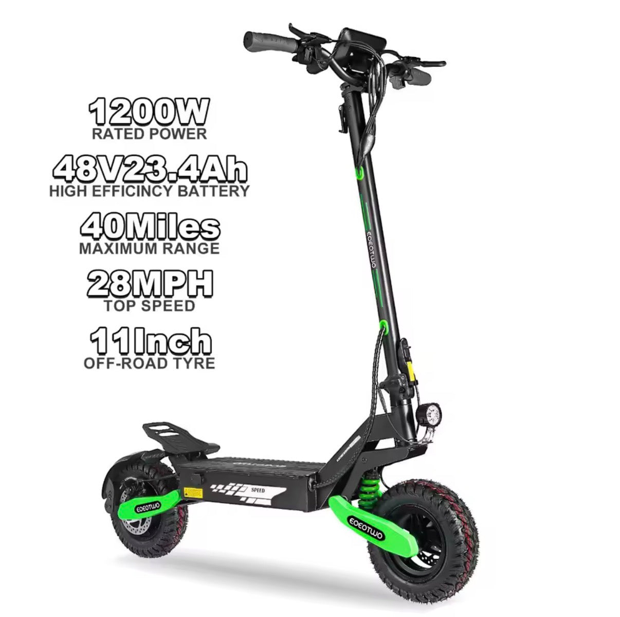 EOEOTWO Scooter Eléctrico Todoterreno de 1200W para adultos, 48V, Largo Alcance, 30MPH de Velocidad, Neumático Sin Cámara de 11 Pulgadas, Plegable